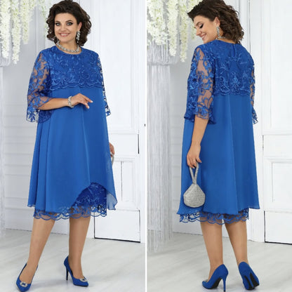 Women's dress with embroidered patchwork chiffon and a round neckline