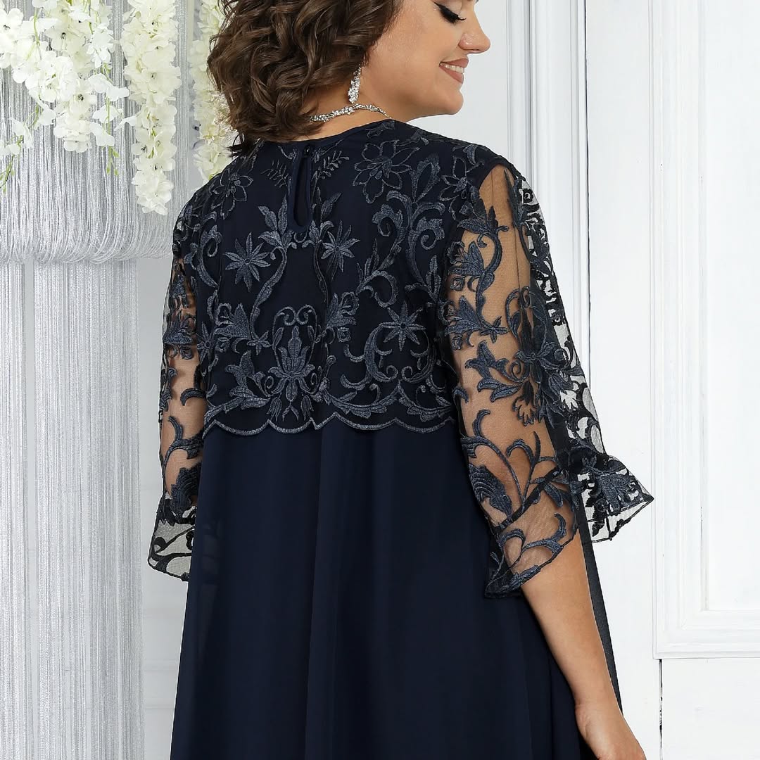 Women's dress with embroidered patchwork chiffon and a round neckline