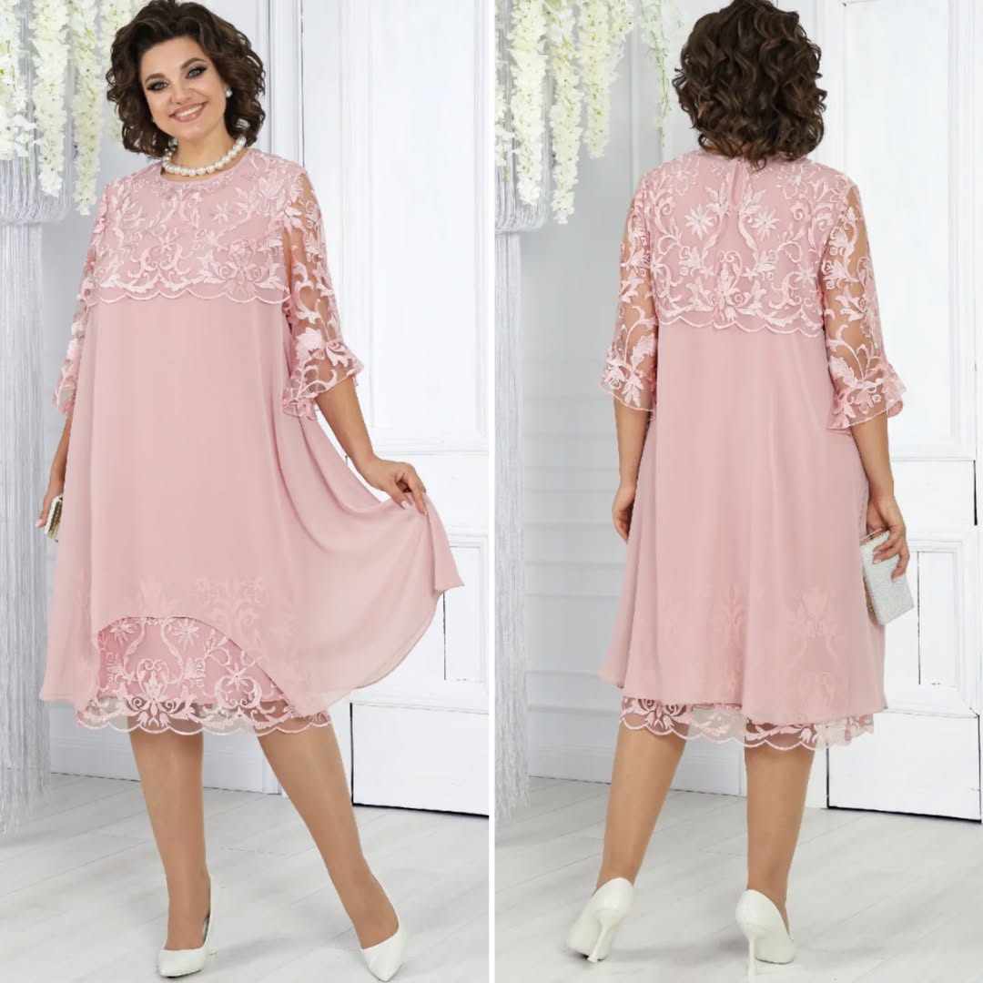 Women's dress with embroidered patchwork chiffon and a round neckline