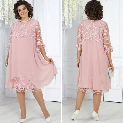 Women's dress with embroidered patchwork chiffon and a round neckline