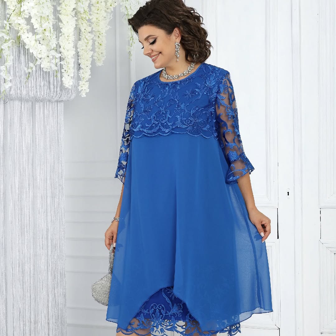 Women's dress with embroidered patchwork chiffon and a round neckline