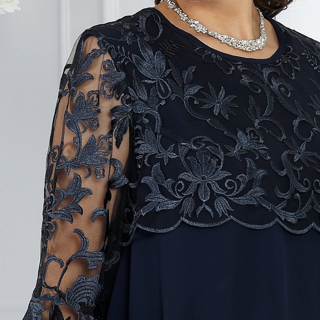 Women's dress with embroidered patchwork chiffon and a round neckline