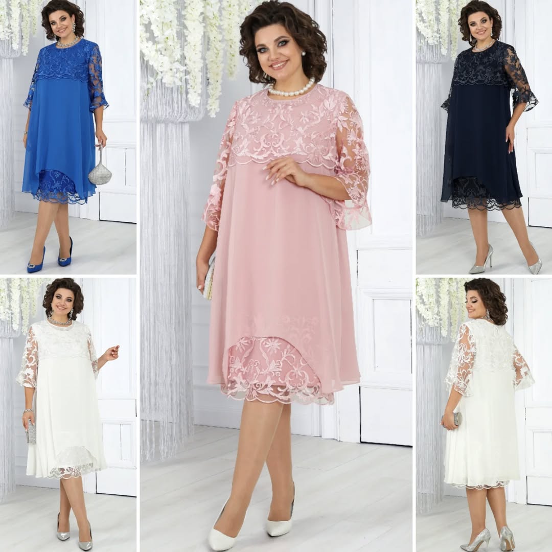 Women's dress with embroidered patchwork chiffon and a round neckline