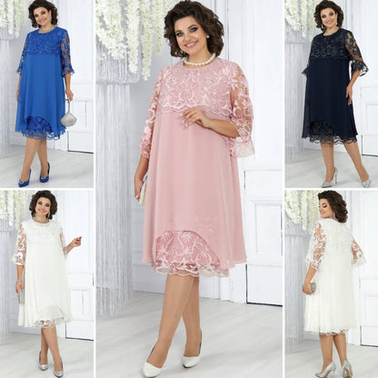 Women's dress with embroidered patchwork chiffon and a round neckline