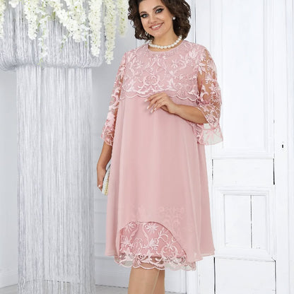 Women's dress with embroidered patchwork chiffon and a round neckline